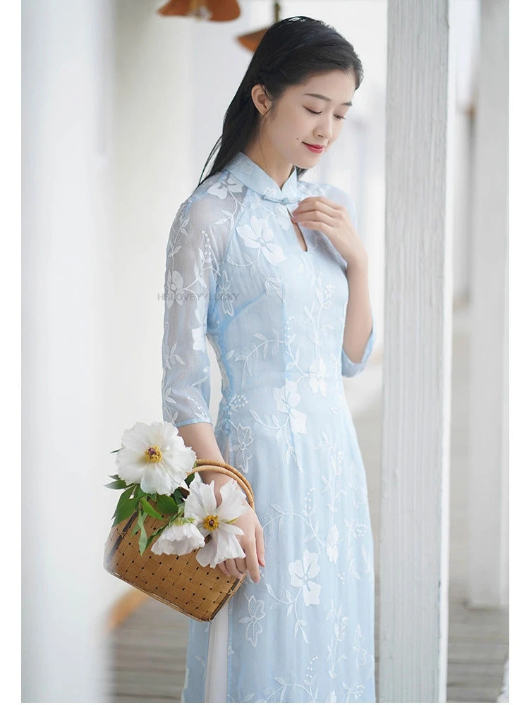 فيتنام Aodai الجنية مزاجه فستان صيني رائع الأزهار الطباعة الشاي الفن فيستدو الجوف خارج سليم آو داي فستان جنية #5