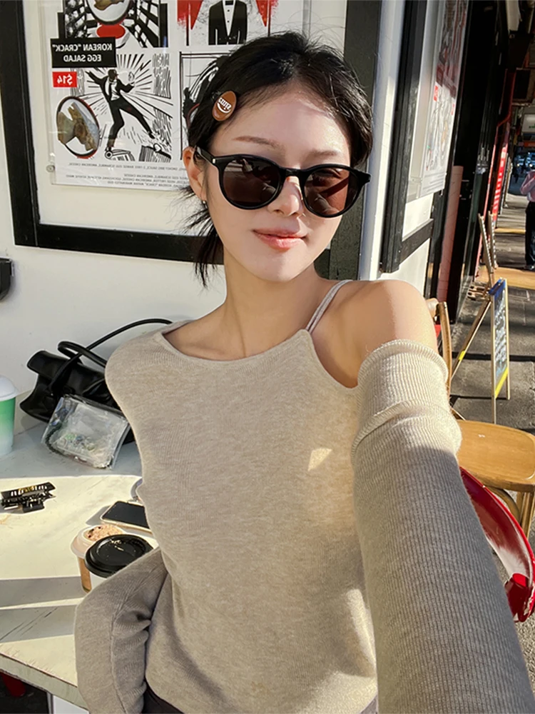 

Chic Autumn Simple Casual Loose Long Sve Knitted Sweater Women's Irregular Collar Bared oulder Design Commute Sle Kore...