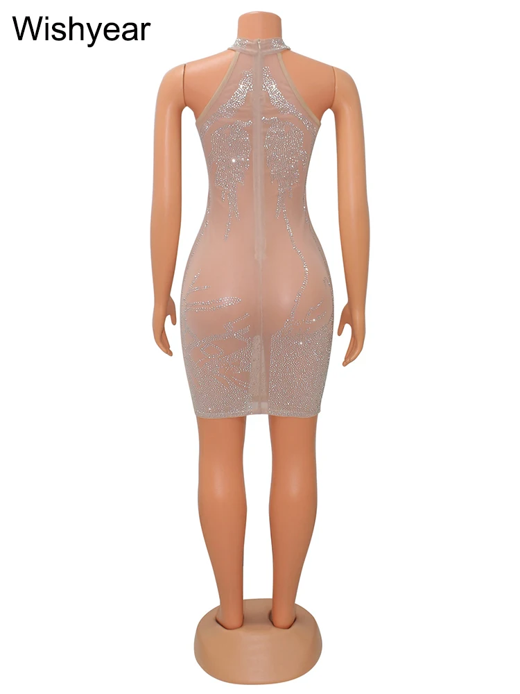 Neue heiße Strass Mesh sehen durch Aprikose Mini kleid Frauen ärmellose Bodycon Abend Geburtstag Luxus Nacht Bar schwarz Vestidos – Detail 6