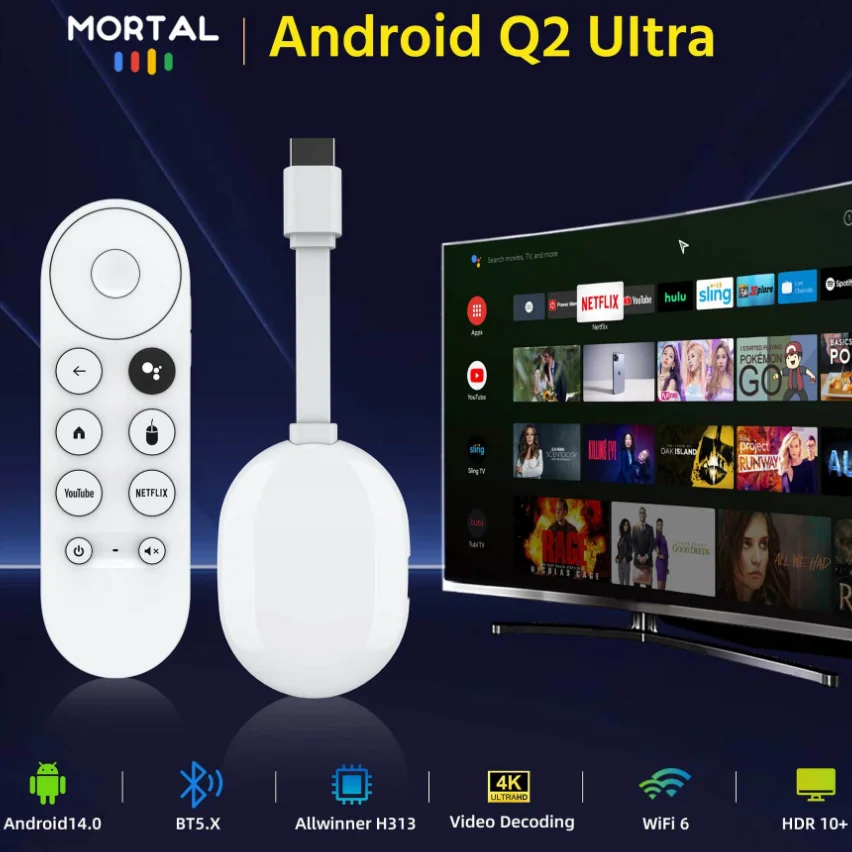 Mortal Q2 Ultra Android TV Stick inteligente 4K Allwinner H313 Netflix YouTube Wifi6 Bluetooth TV Stick voz remota cine en casa