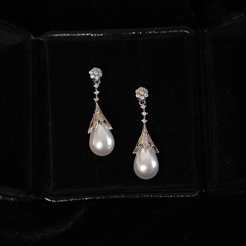 Pearl Drop Earrings Gold Plated Vintage Sparkling Classic Elegant Convertible Earclip Women Daily Party Office Jewelry
