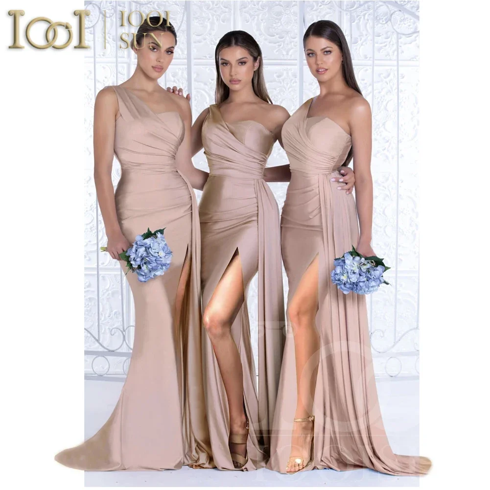 

IOOISUN Champagne Satin Bridesmaid Dress One Shoulder Wedding Party Gown Side Split Formal Party Dresses Customized Elegant
