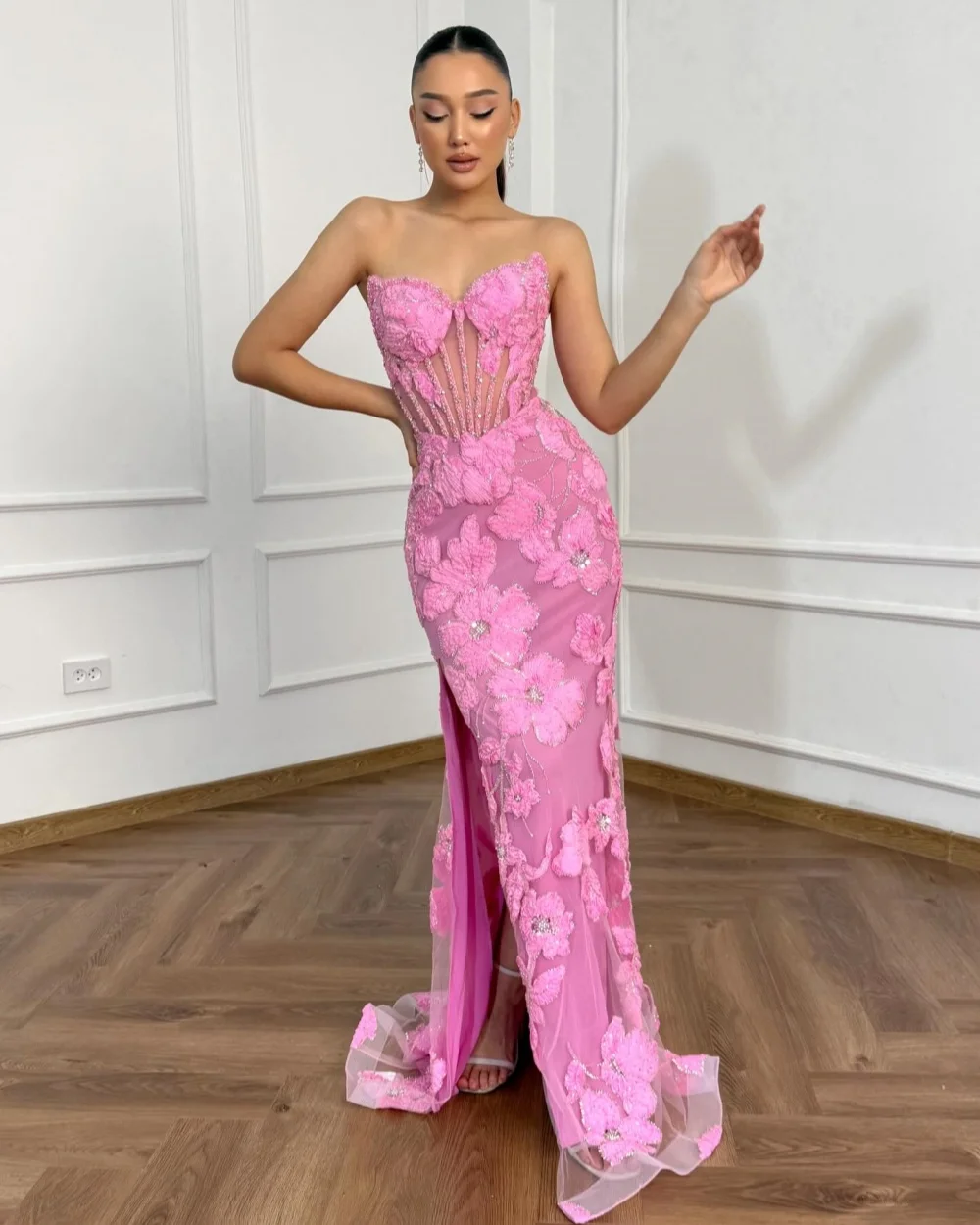 

Customized Fashion Women Handmade Flower Sequined Sheath Evening Dresses Formal Sweetheart Sleeveless Floor Lenght Prom Dresses