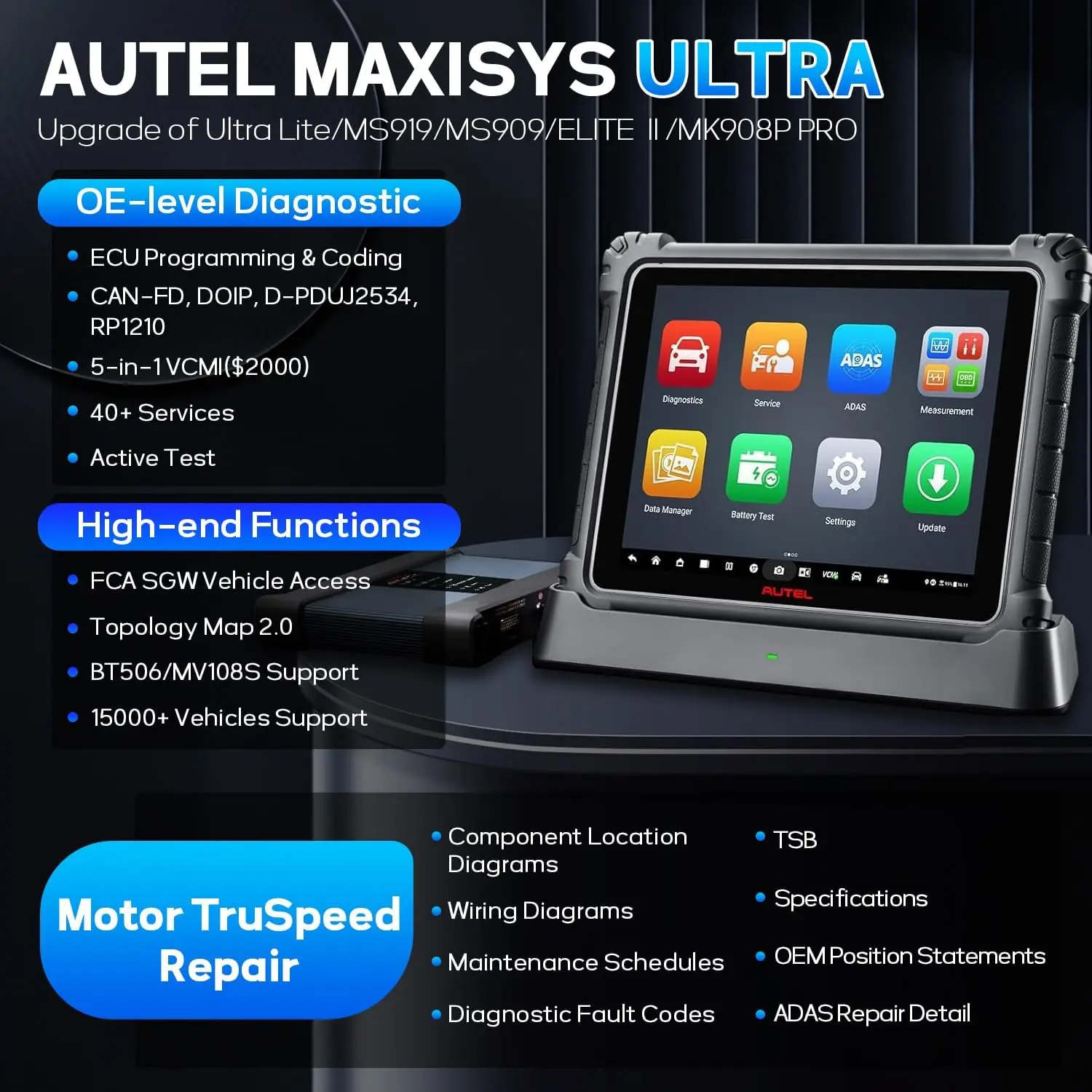 

Диагностический сканер Autel MaxiSys Ultra 2025 MV108 5-в-1 с программированием VCMI, инструмент для диагностики двигателей, карты топологии TruSpeed 2.0, 40+ сервисных функций