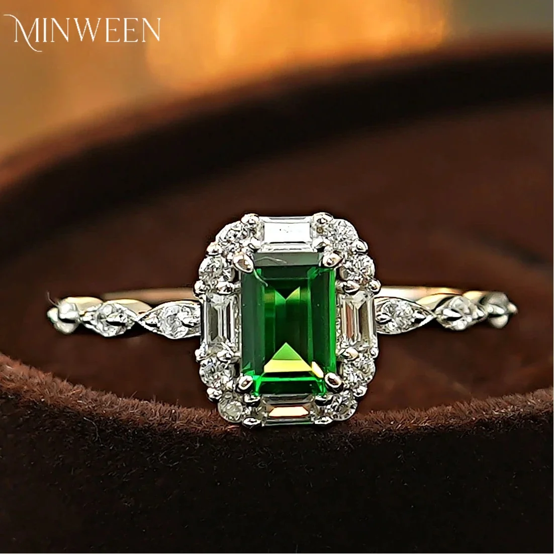 MINWEEN 4*6MM  Lab Emerald Ring Women's Jewelry  Engagement Ring 925 Sterling Silver Jewelry