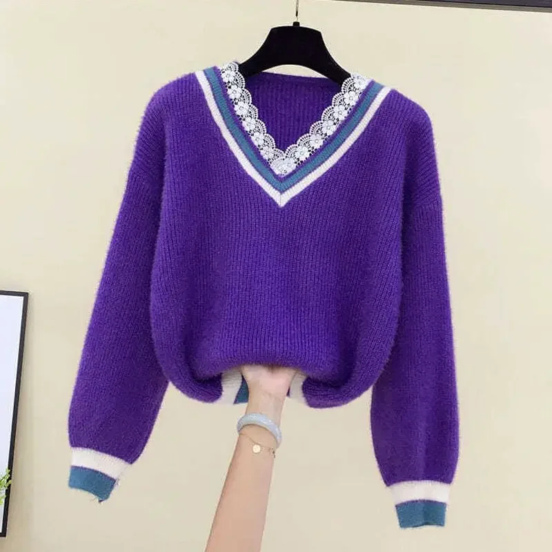 Renda com decote em v 2024 outono novo nicho solto versátil estilo coreano ulzzang solto curto camisola de malha pulôver chique topo