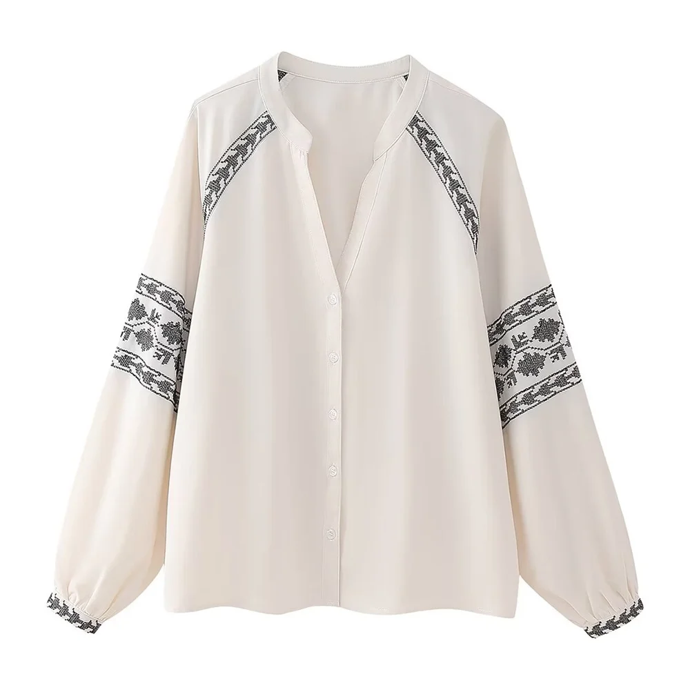 2024ZAR * Spring/Summer New Women\'s Fashion Loose and Versatile White Contrast Embroidered Cover up Shirt Top