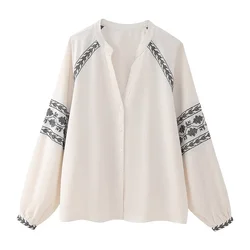 2024ZAR * Spring/Summer New Women's Fashion Loose and Versatile White Contrast Embroidered Cover up Shirt Top