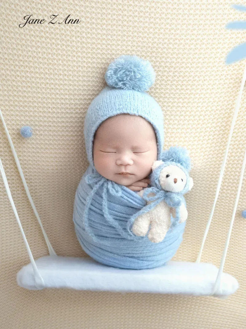 Newborn baby photo props handmade knitted pom hat doll studio home shooting twins accessories