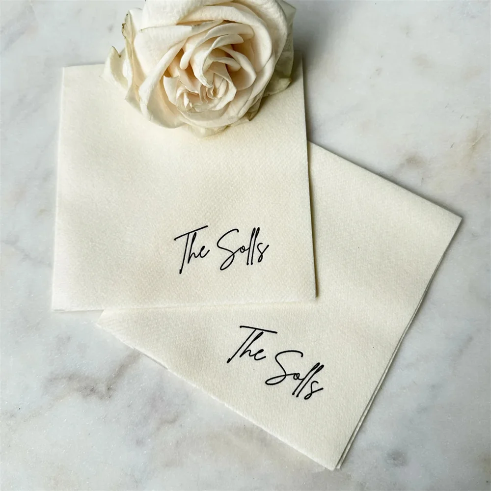 50PCS Custom Elegant Script Last Name Linen Like Beverage Napkins, Champagne Linen Like Wedding Napkins, Custom Napkins, Engagem