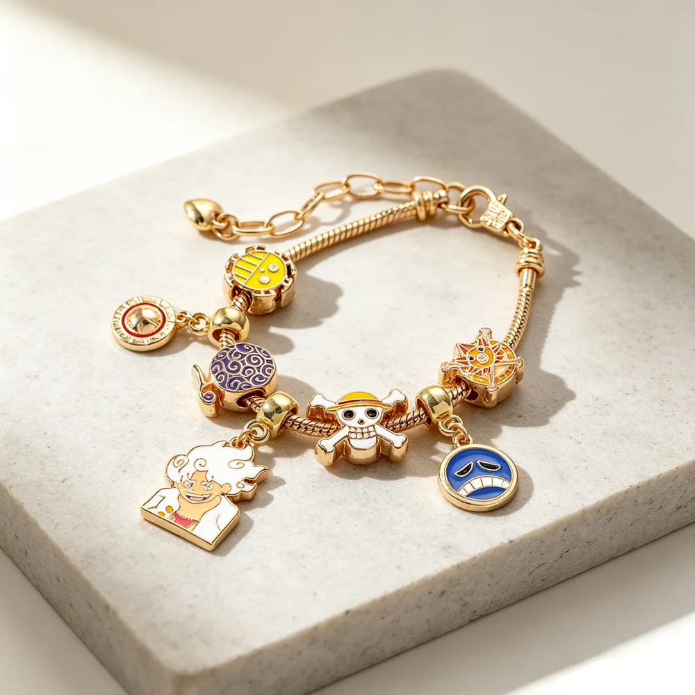 Anime Charm Bracelet Gold Chain Luffy Gear Five Nika Straw Hat Skull Thousand Sunny Enamel Beads Wrist Jewelry Cosplay Fan Gift