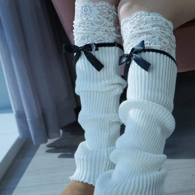 Women Ribbed Knit Elegant Flower Lace Trim Bowknot Leg Warmers Covers Long Socks