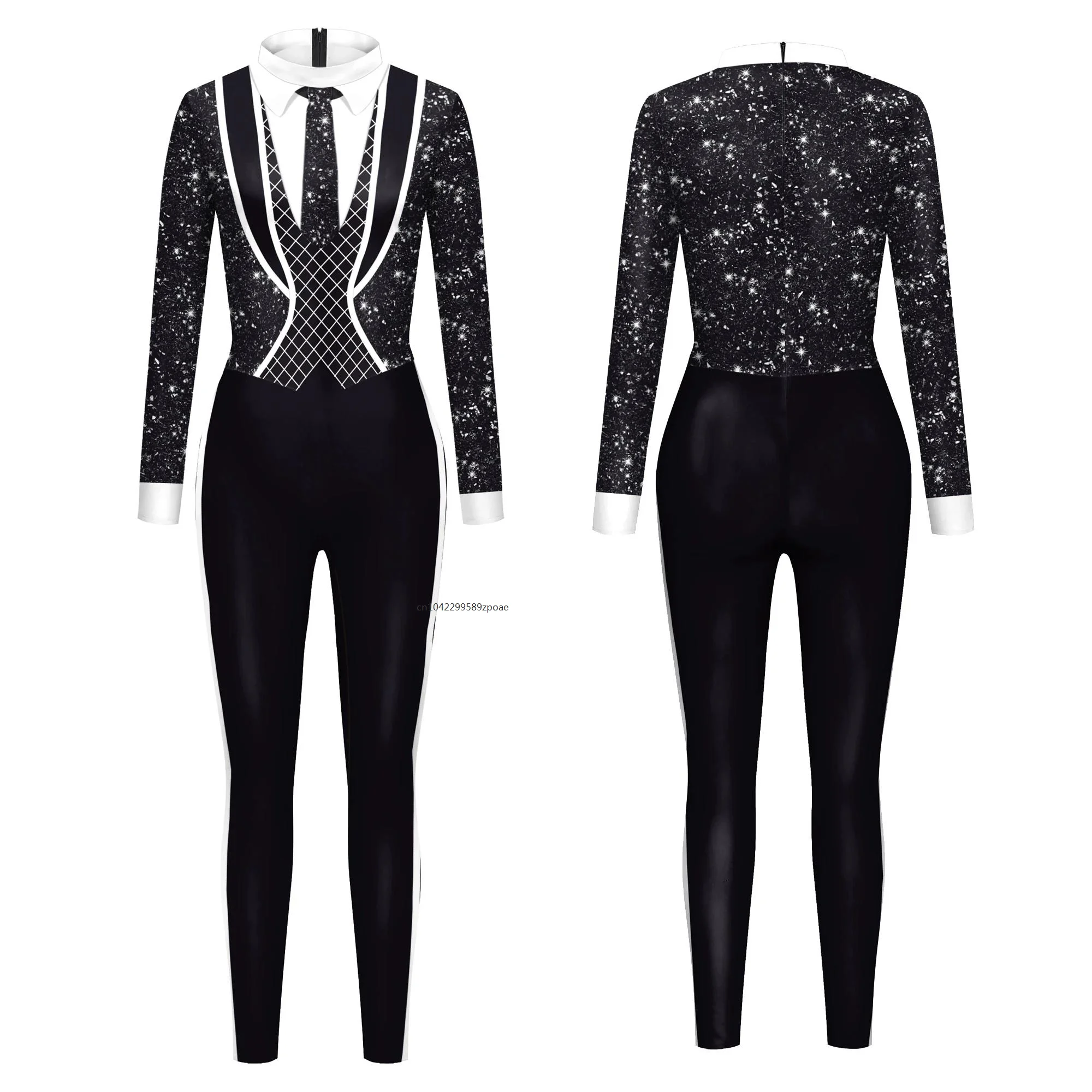 2024 Pants Suit Black and White Printed Spandex Catsuit Cosplay Carnival Party Fake Lapel Tie Zentai Cosplay Jumpsuit Dating