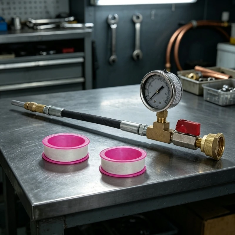 Floor Heating Circuit Filling Tool with Built-In 100PSI Pressure Meter, Fill Needle, Protective Cap, and Garden Hose D7YA