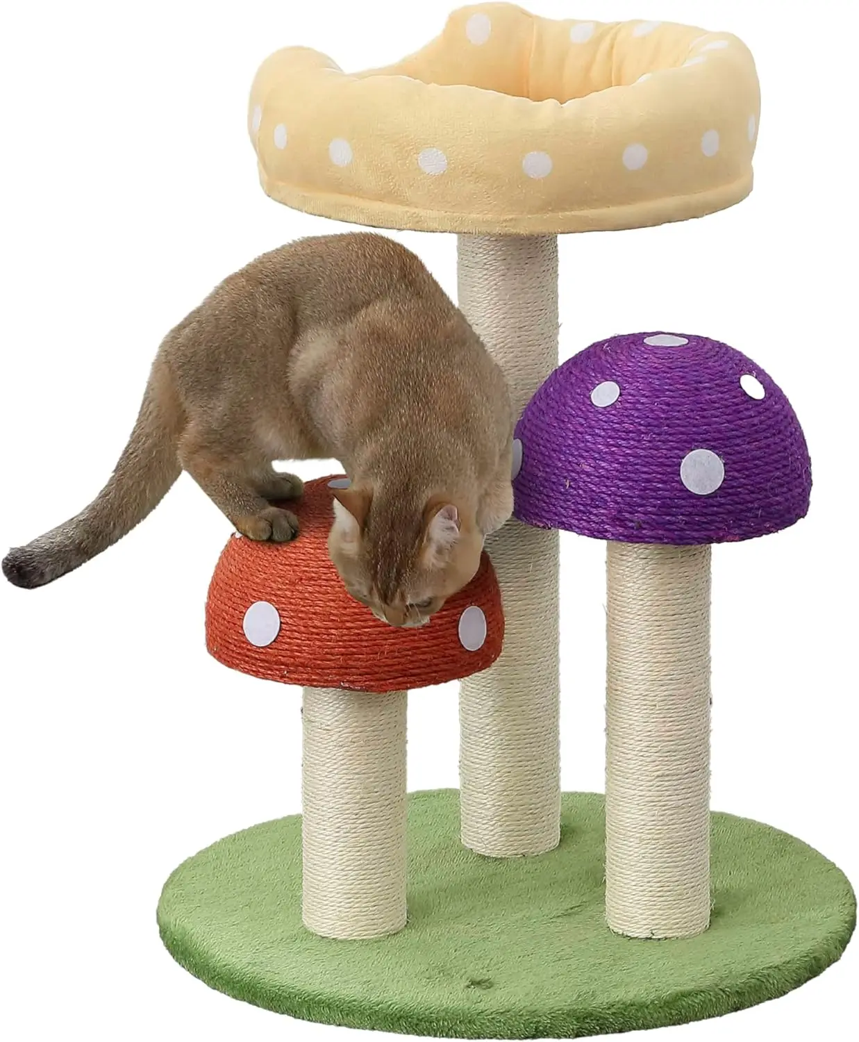 

22.5" 3-Tier Cottage Sisal Mushroom Cat Tree with Scratching Posts, Napping Perch, and Dangling Bell Toy, Multi