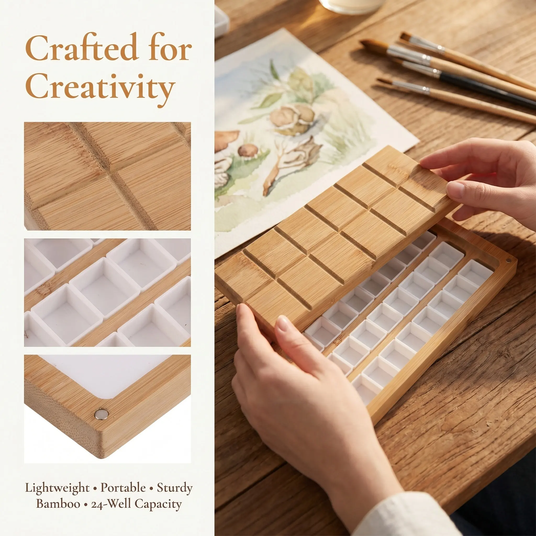 Wooden Watercolor Palette Box with 24 Half Pans, Portable Paint Mixing Tray & Pigment Storage for Artists