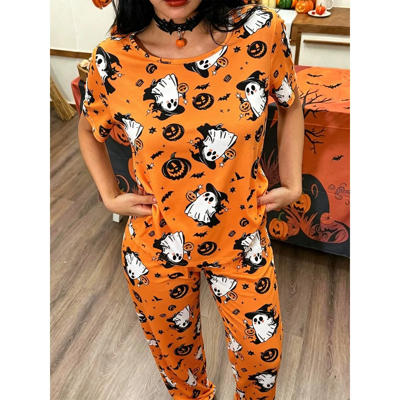 Women's Casual Halloween Theme Pajamas, 'Ghost' Pumpkin and Bat Pattern Printed Orange Short-Sleeved Long Pants Round-Neck Set