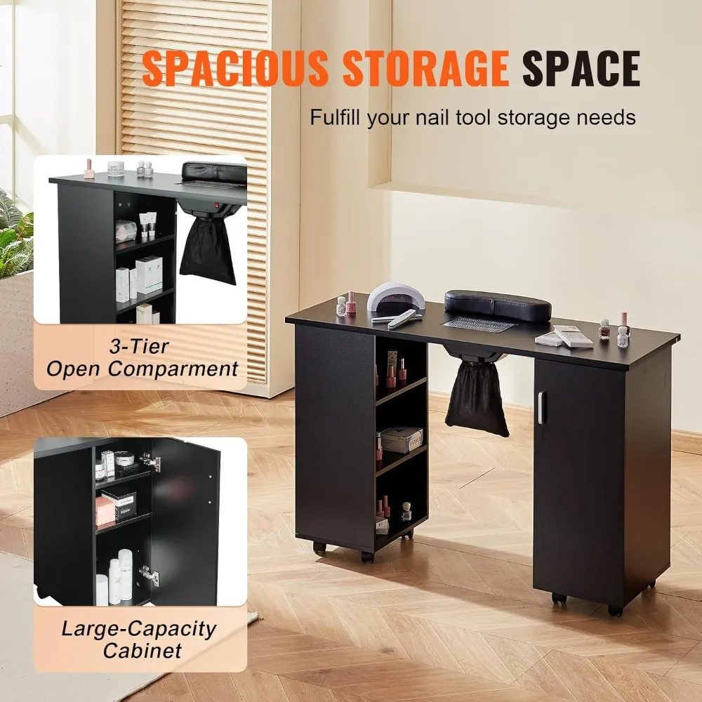 Manicure Nail Table, Mobile Nail Station with Powerful Dust Collector, MDF Nail Tech Desk with 8 Lockable Wheels