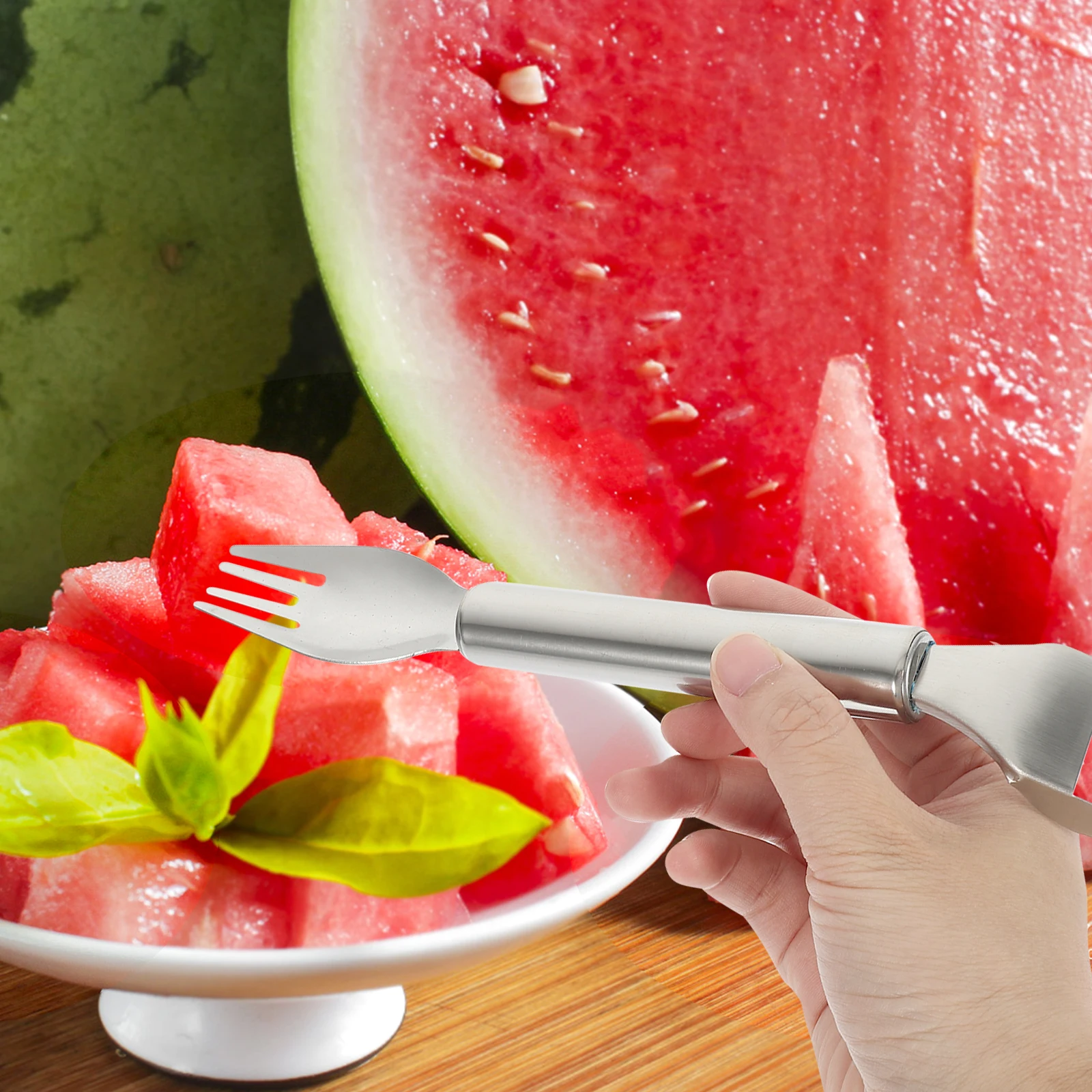 

Watermelon Cut Device Fork Fruit Picks Splitting Tool Double Head Portable Cutterslicer Kitchen Gadgets Silver