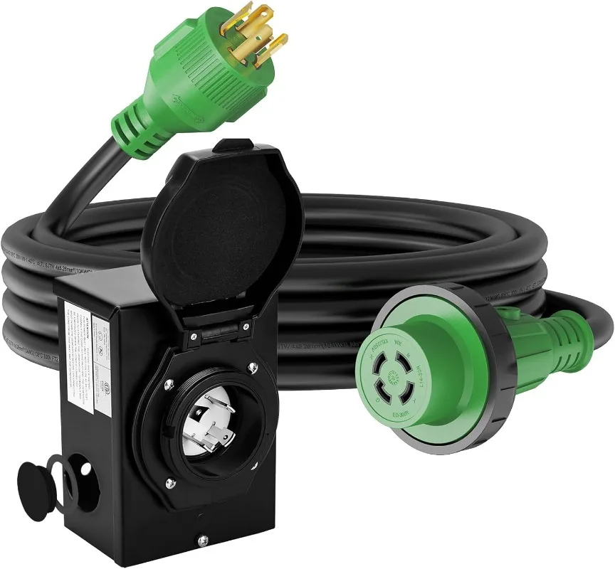 مجموعة كومبو الطاقة في حالات الطوارئ، سلك مولد 25 قدم 30 أمبير وصندوق مدخل الطاقة، سلك مولد NEMA L14-30P إلى L14-30R