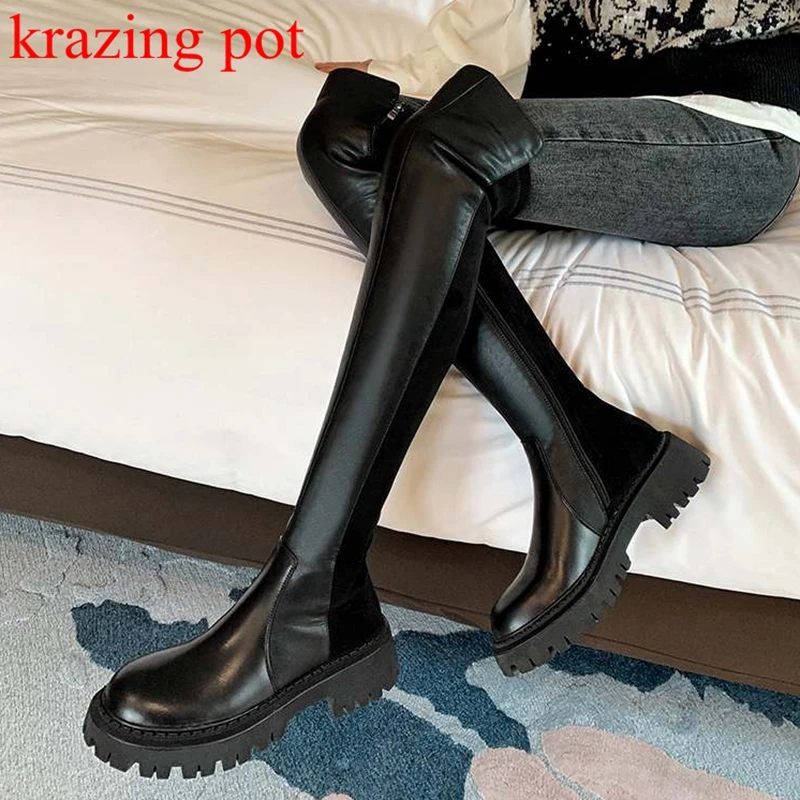 Krazing Pot Cow Leather Round Toe Thick Bottom Stretch Platfrom Boots Keep Warm Ins High Street Fashion Over-the-knee Boots Chic