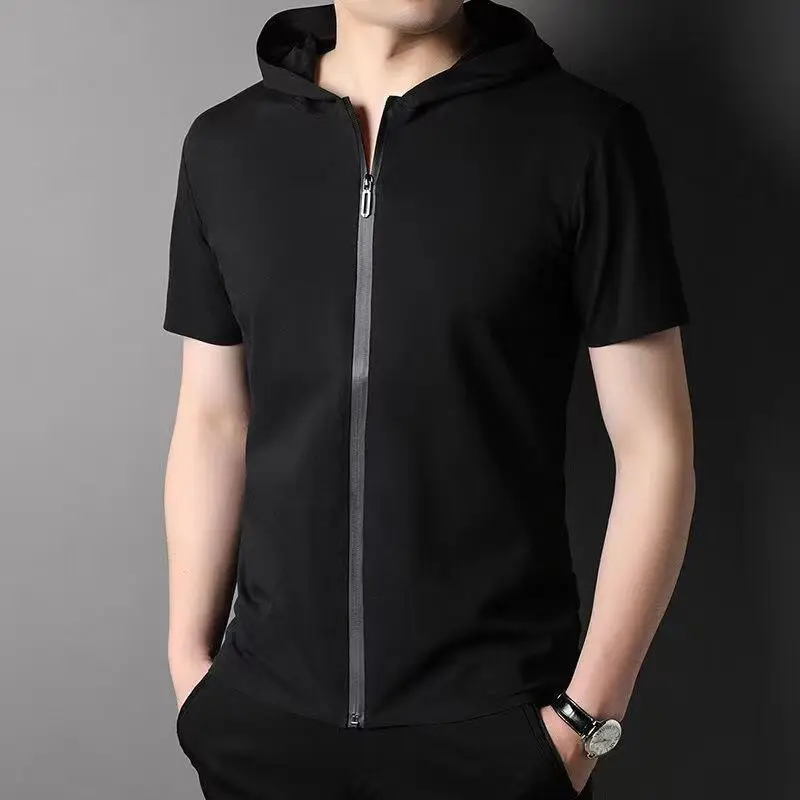 2024 Summer New Trendy Simple Casual Loose Breathable Fashion Solid Color Zipper Short Sleeve Hooded Cardigan Coat for Men