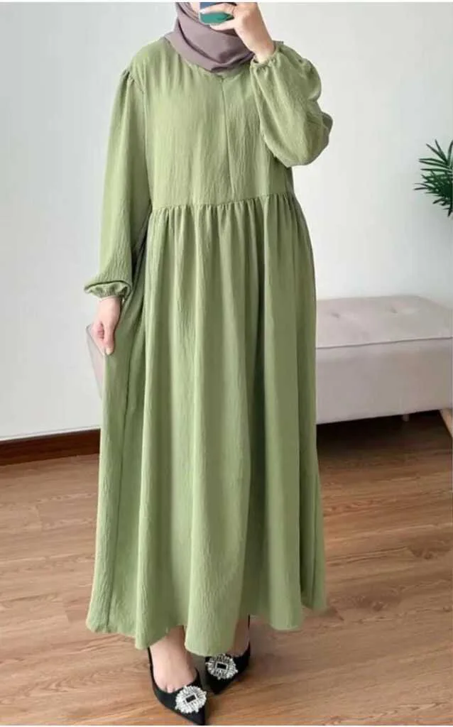 Muslim Robe New Zipper Round Neck Solid Color Bubble Sleeve Loose Dress