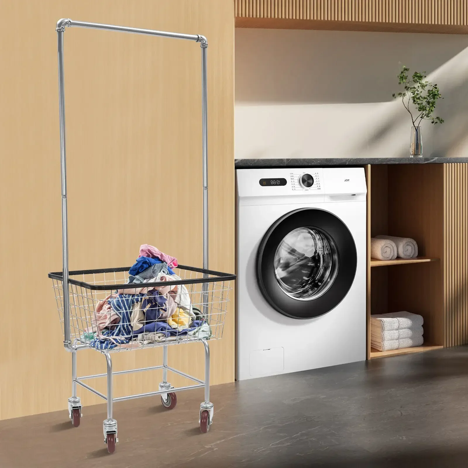 ​ ​ Carro de lavandería comercial, cesta de alambre de acero con ruedas, capacidad de carga de 110 libras, ruedas de 5 pulgadas para Lavandromat Hotel Home ​ ​