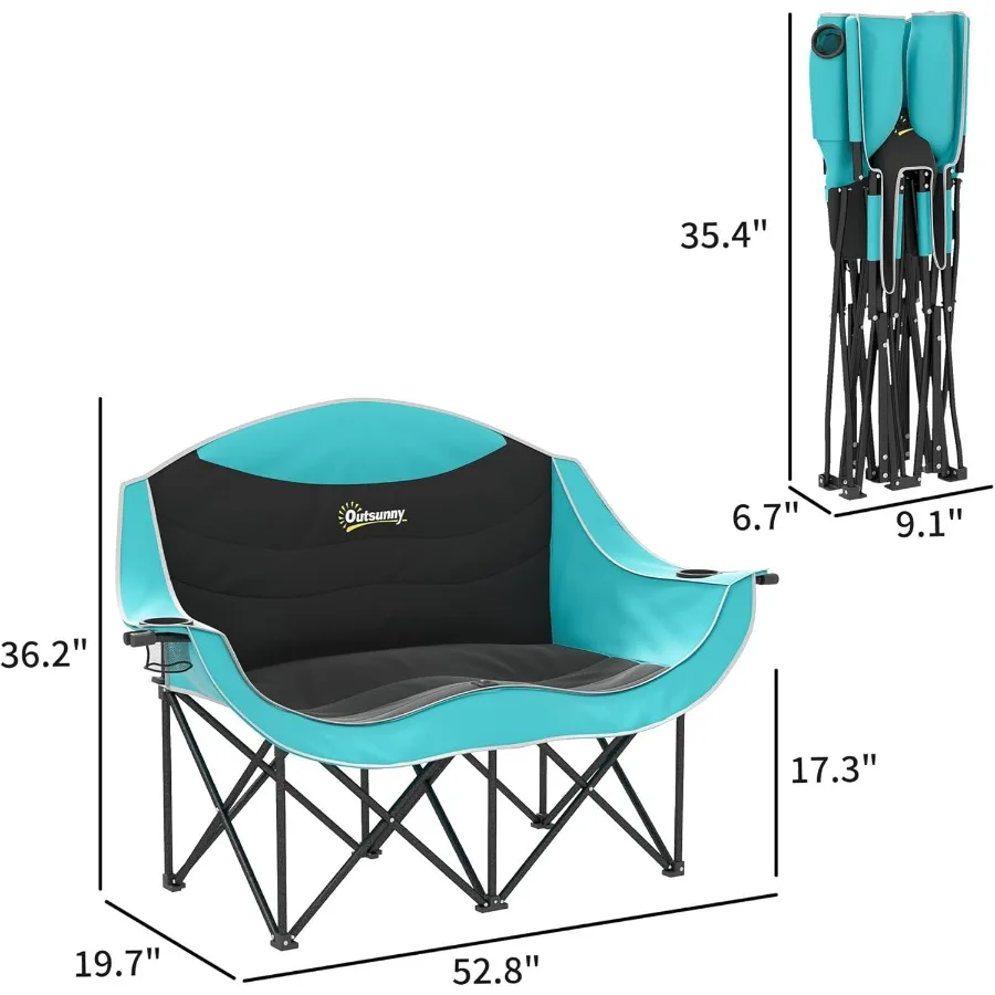 كرسي تخييم مزدوج للبالغين كرسي تخييم مبطن قابل للطي لشخصين مع مسند للذراعين حامل كأس للنبيذ وحقيبة حمل لـ