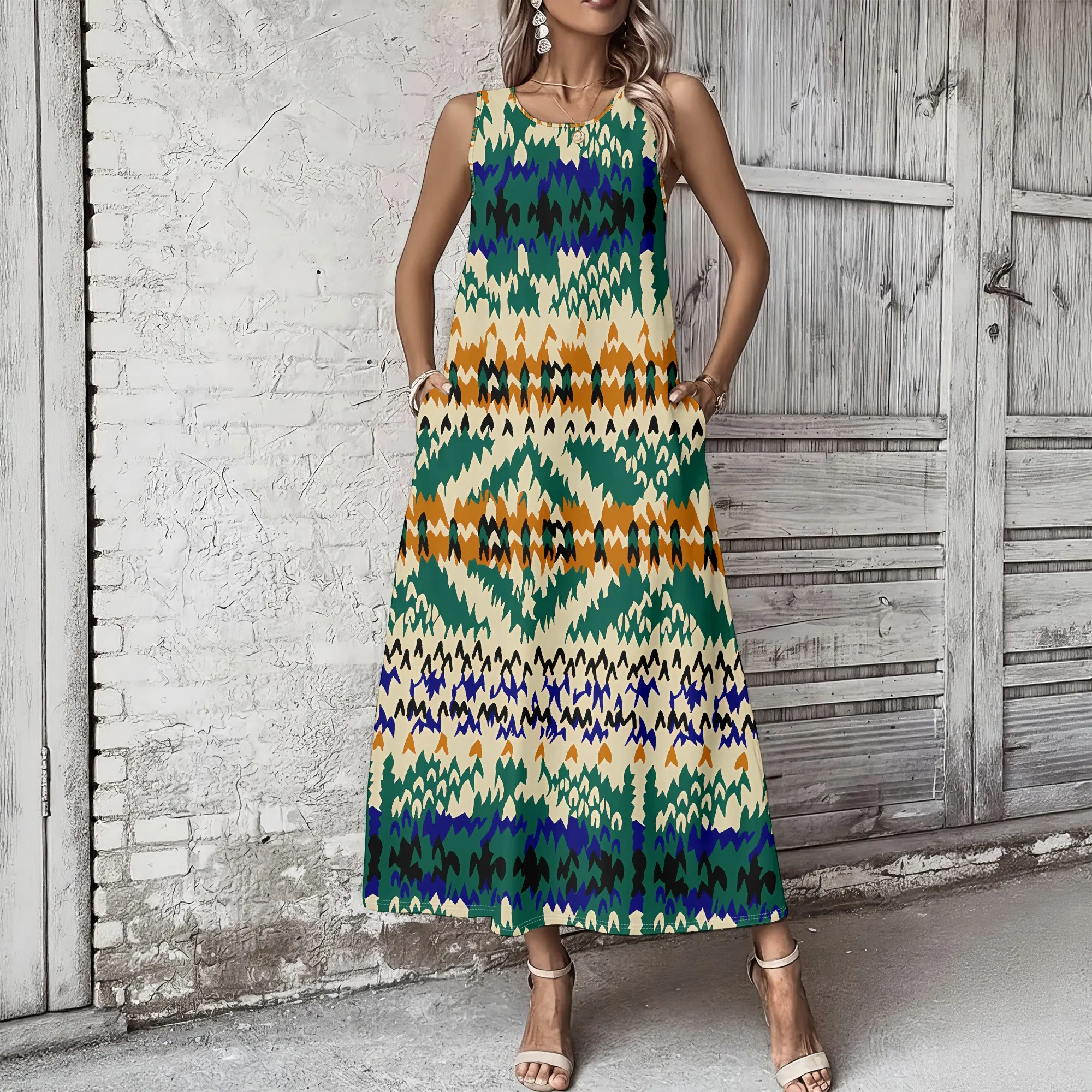 

Women's Summer Sleeveless Round Neck Long Dress, 3D Fashionable Printed Large Swing Dress.