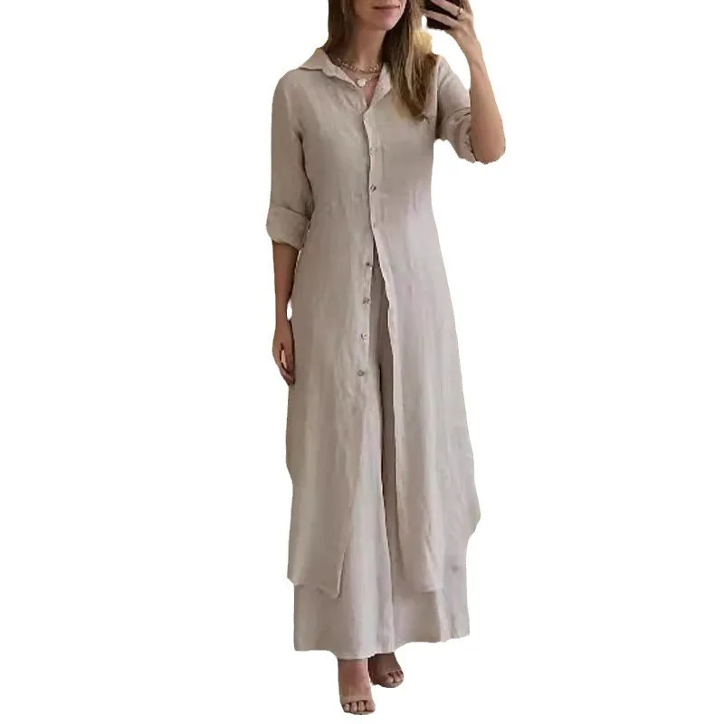 New Summer and Autumn Urban Elegance Cotton and Linen Slim-fitting Waist Long Shirt Wide-leg Pants Set