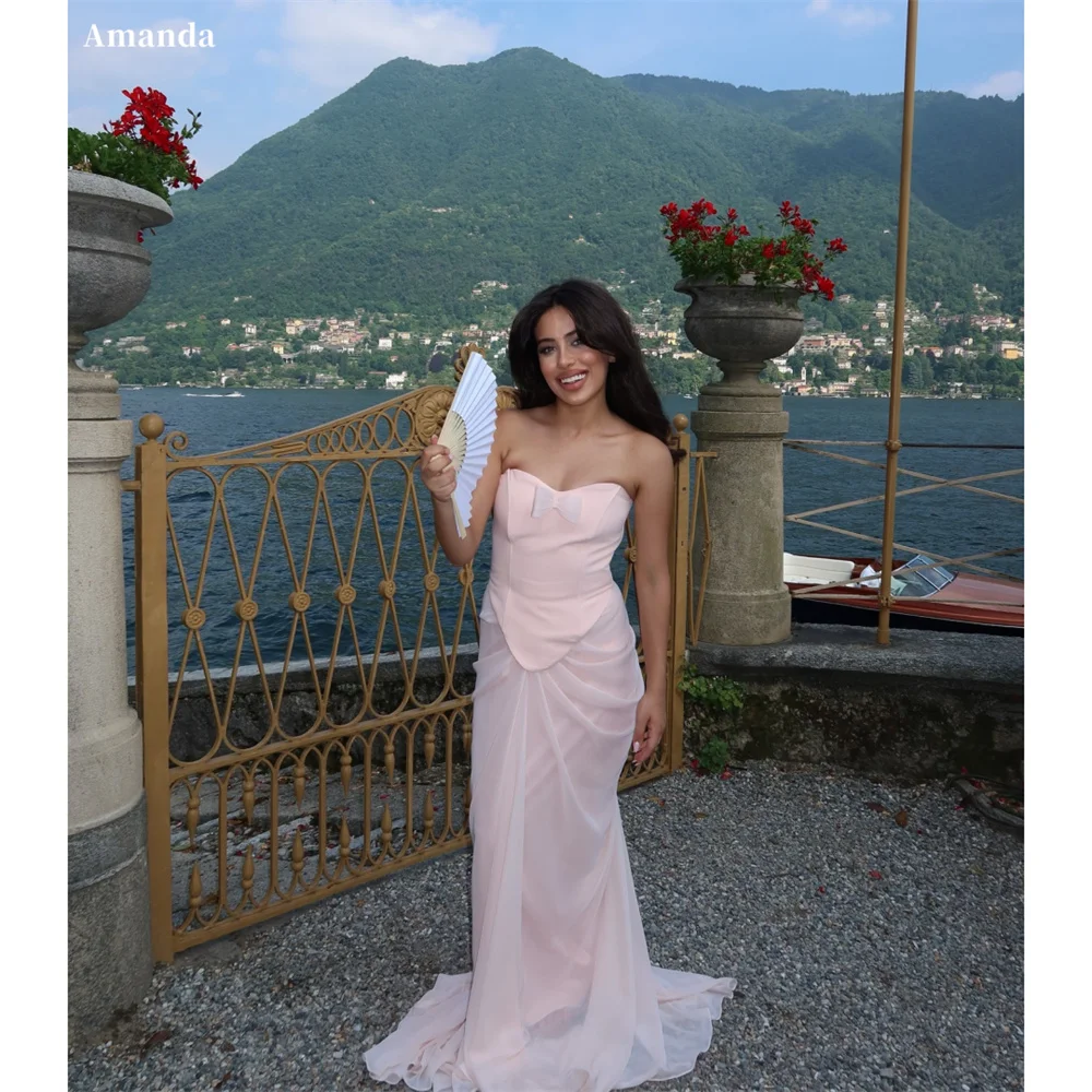 

Amanda Customized Pink Mermaid Sweetheart Neck Prom Dresses Bow Sleeveless vestidos de noche Elegant Floor-Length Formal Evening