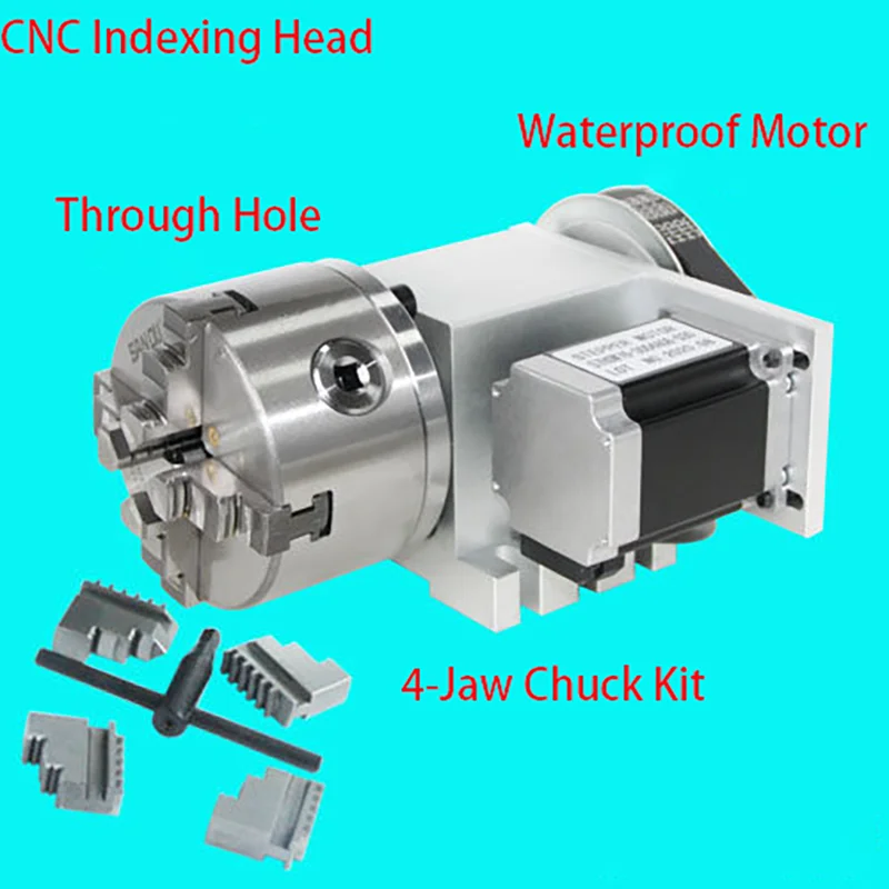 CNC 4th Axis Rotary Indexing Head Hollow Shaft Waterproof Motor 3/4 Jaw Chuck Kit view 2