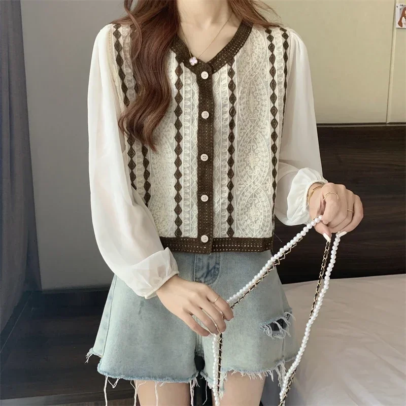 Crochet Top Long Sleeve Button Front Embroidery Lace Blouse Cardigan Top Women Spring Summer Fairycore Cottagecore Outfit