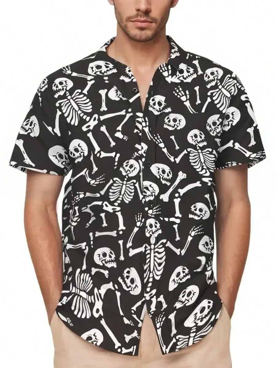

Mens Skeleton Print Casual Short Sleeve Button Up Shirt Summer