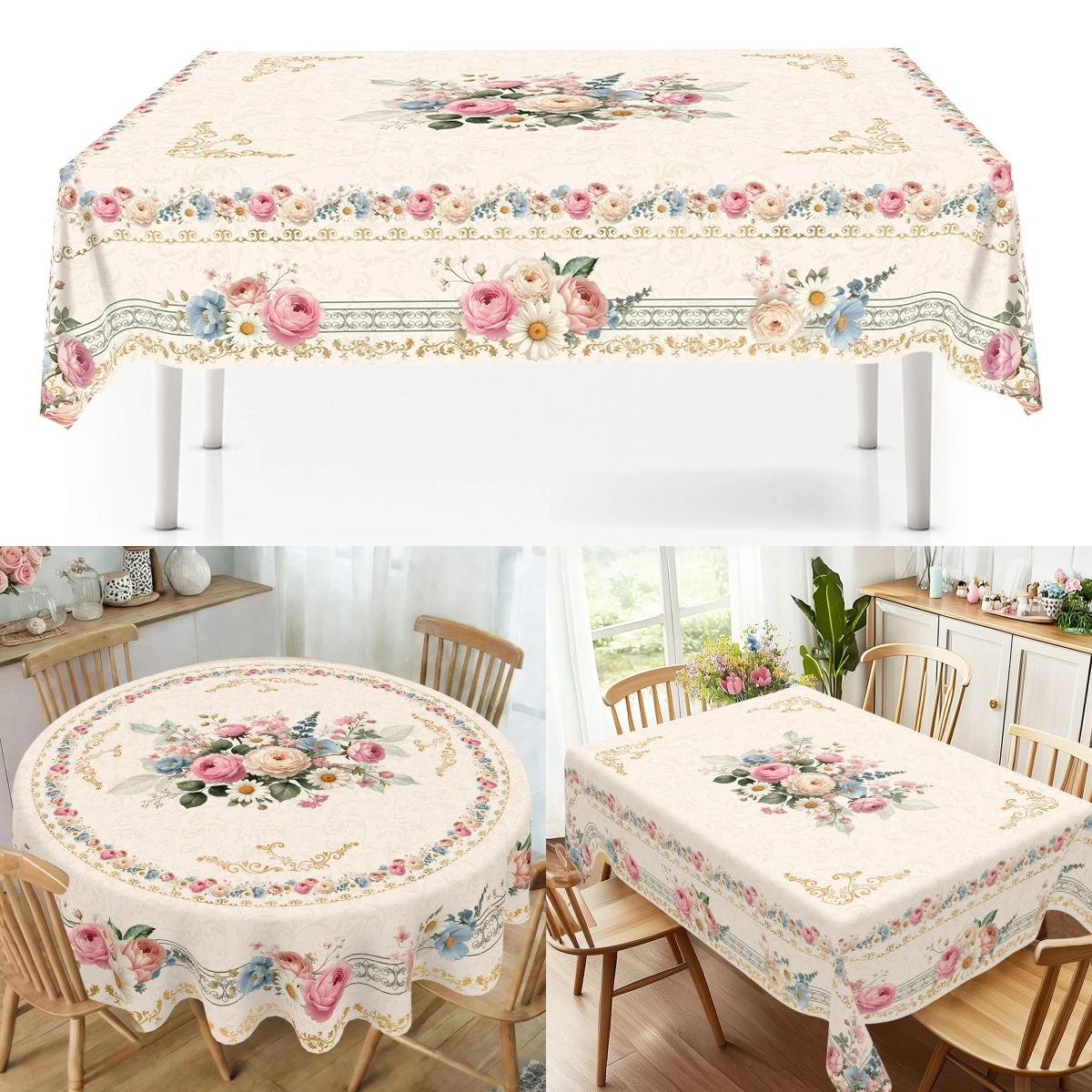Retro Rose Garden Table Cloth Polyester Tablecloth Waterproof Stain Resistant Round Table Cover Wrinkle Free Indoor Outdoor Use