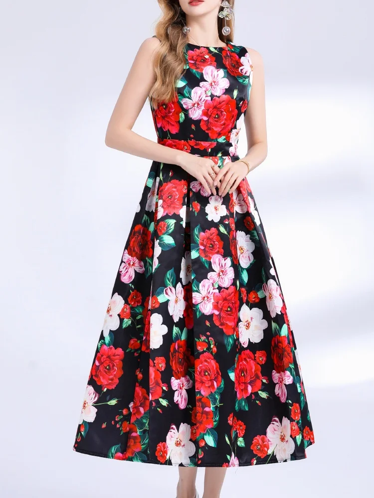 SMTHMA ผู้หญิงดอกไม้พิมพ์ฤดูร้อนชุด O-คอแขนกุดเอวสูง Big Swing ชุดปาร์ตี้ฤดูร้อน Boho วันหยุด Beach Sundress