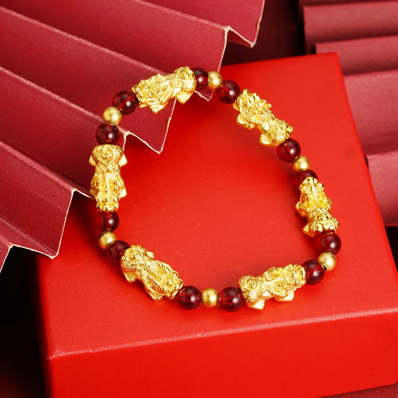 Unisex 24K Gold (AU999) Retro Pixiu Bracelet | Gold-Inlaid Pixiu Head, Hammered Dragon Scale with Rotatable Coin Clasp