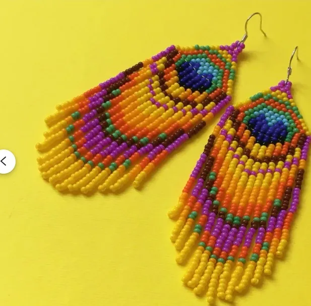 Rice bead earrings Tassel Peacock feather Originality Hand knitting Bohemia Alloy Design Fashion Simple Beaded earrings