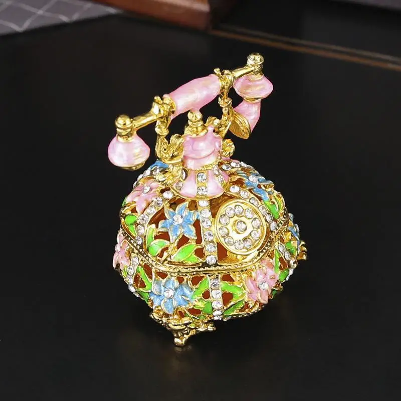 Retro Telephone Enamel Jewelry Box With Embedded Diamonds And Hollow Design. Cover-top Dressing Table For Storing Jewelry.