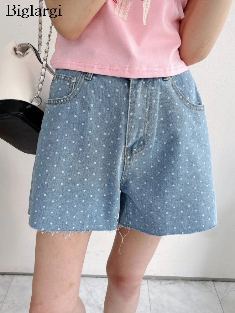 

Jeans Summer High Waist Shorts Women Polka Dot Print Modis Sweet Love Ladies Trousers Loose Pleated Wide Leg Korean Woman Shorts