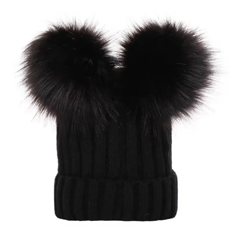 Cute Solid Color Baby Knitted Hat Faux Fur Ball Pompom Infant Beanie Windproof Warm Mother Pullover Cap Daily