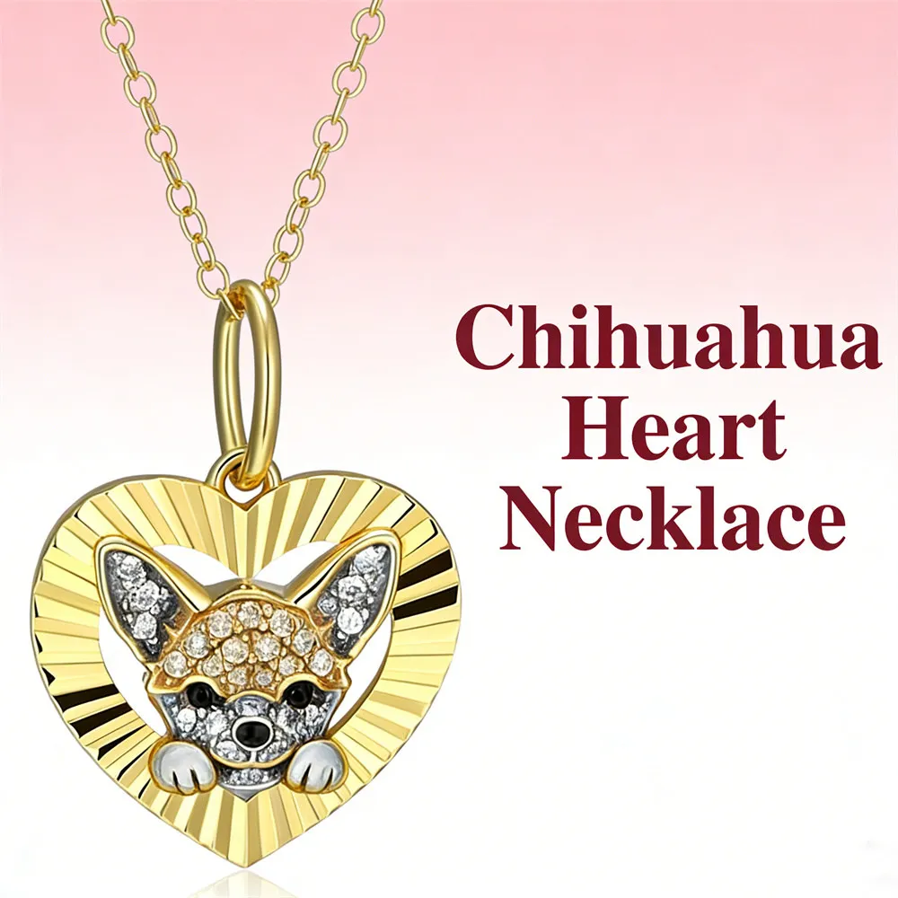Lindo Collar con Colgante de Corazón de Chihuahua, Joyería de Aleación de Zinc y Circonio para Mujeres, Amantes de los Perros, Regalo de Cumpleaños o Aniversario