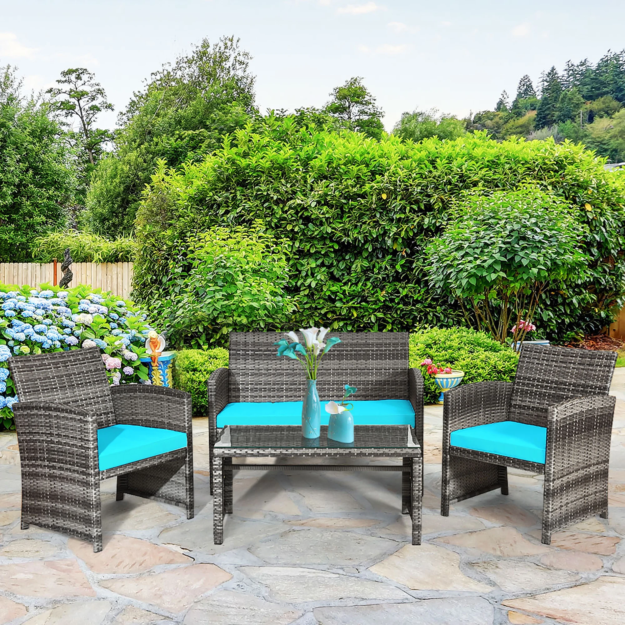 4PCS Patio Rattan Furniture Set Conversation Glass Table Top Cushioned Turquoise