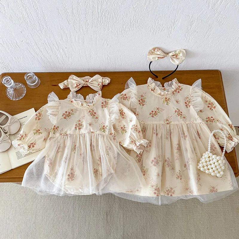

​​2025 Fall Baby Girl Outfit Sweet Cute Toddler Romper Kids Tulle Dress Set Long Sleeve Sister Matching Clothes 0-24 Months
