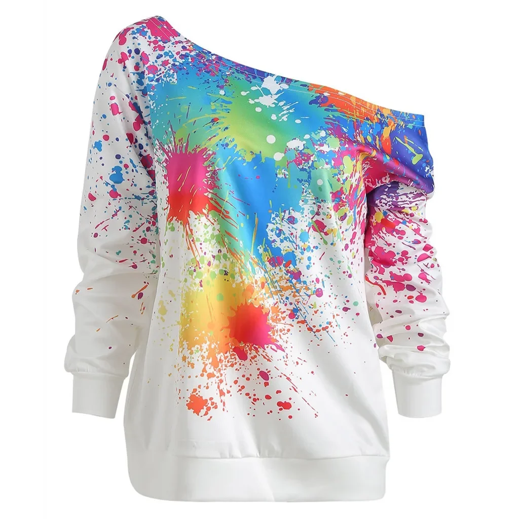 

Pop One Shoulder Long Sleeve Sweatshirts Women Autumn Casual Hoodies Blouses Pullovers Splash Print Loose Tops Streetwear