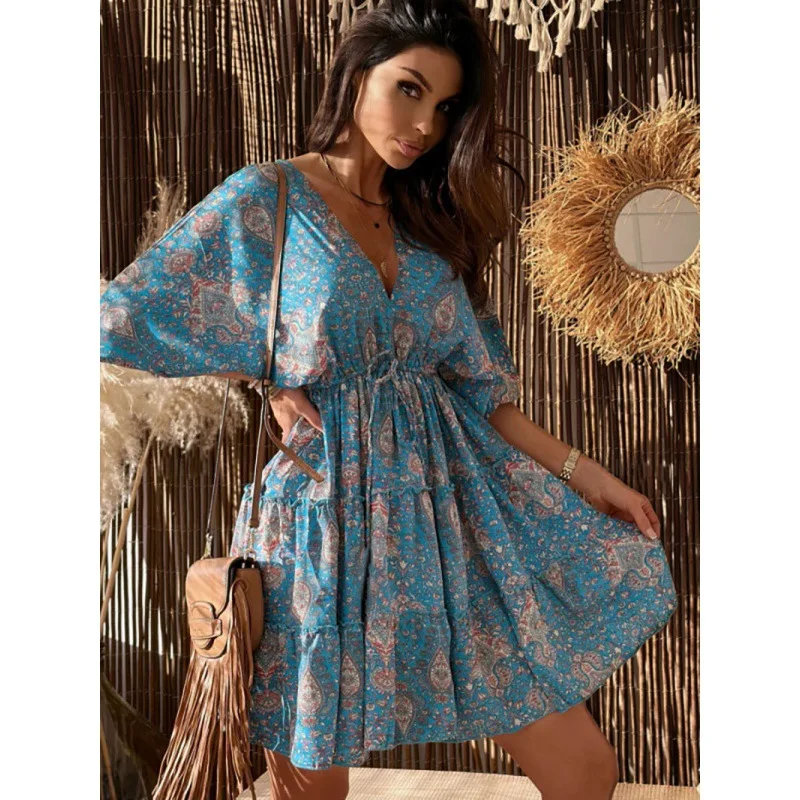 

Boho Floral Print Mini Dress Women Spring Autumn Fashion V-neck Lantern Sleeve Dresses For Women 2023 Casual Loose A-line Robe