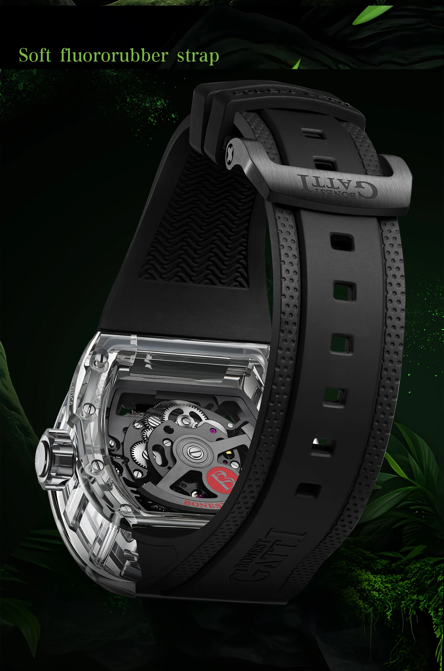 Reloj Automático BONEST GATTI para hombre, reloj de pulsera mecánico con carcasa acrílica Tonneau de 45mm, esfera de serpiente con esqueleto luminoso resistente al agua hasta 50M