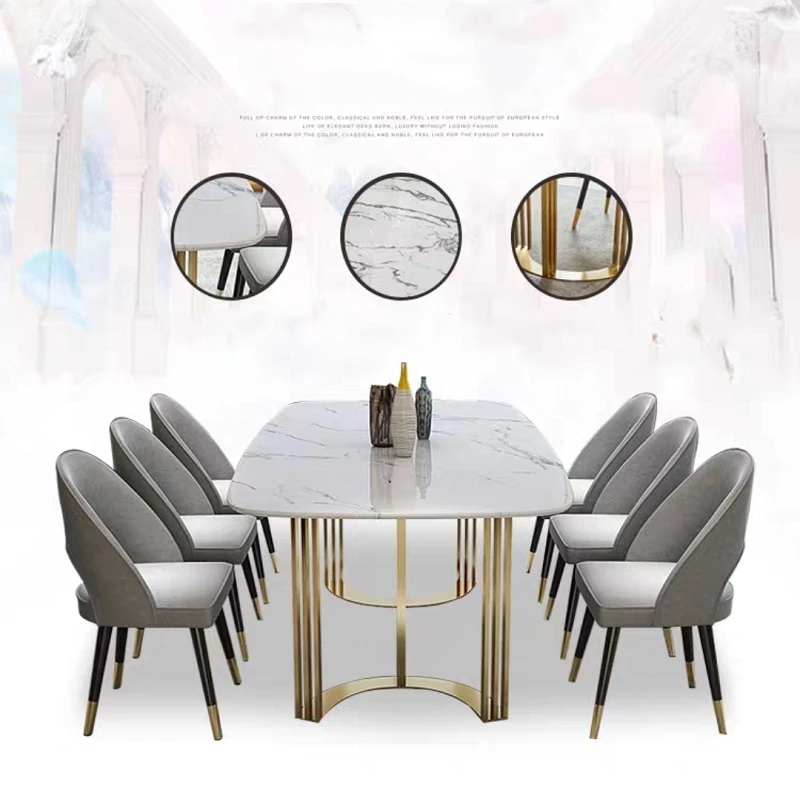 Italian Luxury Marble Dining Table Set 6 Chairs Kitchen Furniture Stainless Steel Gold Plating Base Dining Table Chairs Stuhl