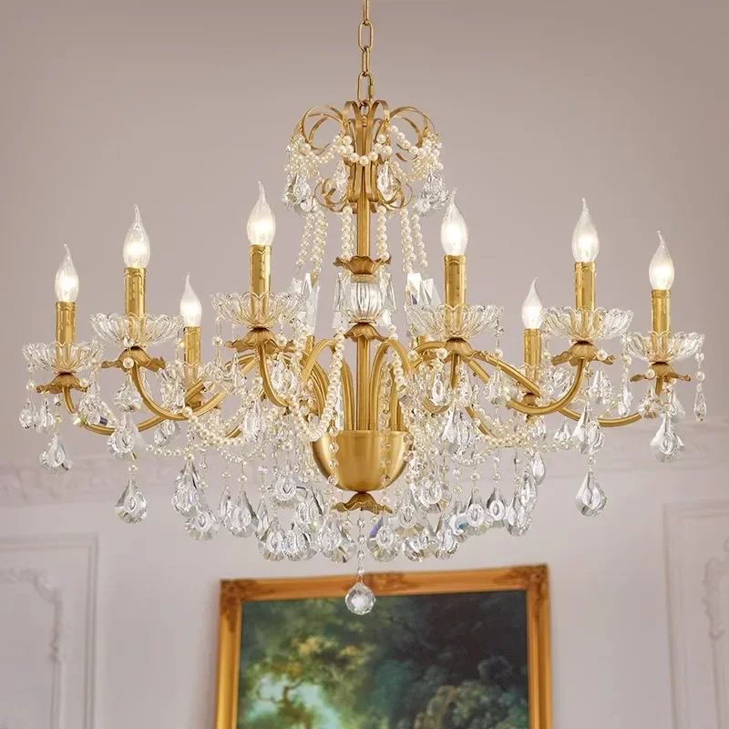 American Retro Gold Luxurious Brass Crystal Chandelier Villa Living Dining Bedroom Room Candle Lights Lustre Decor Pendant Lamps